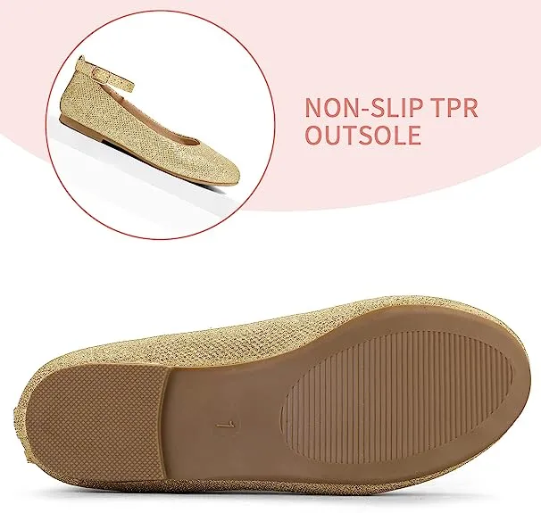 Gold Glitter Ankle Strap Dress Ballet Flats