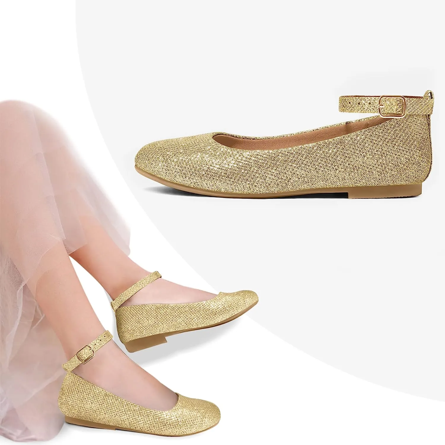 Gold Glitter Ankle Strap Dress Ballet Flats