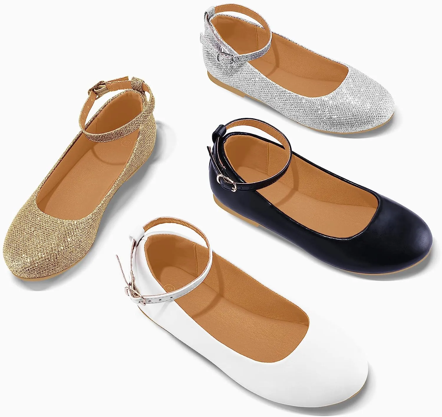 Gold Glitter Ankle Strap Dress Ballet Flats