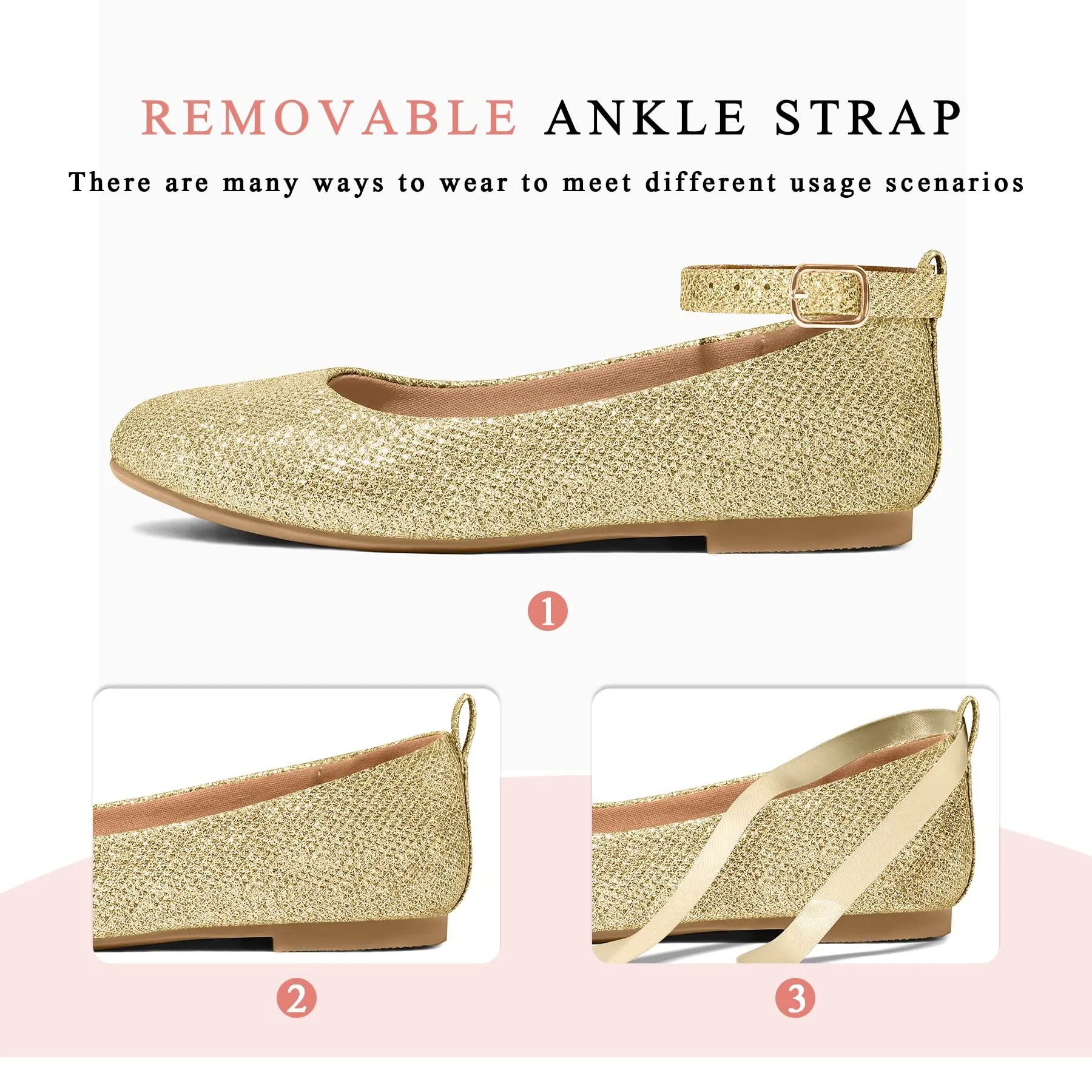 Gold Glitter Ankle Strap Dress Ballet Flats