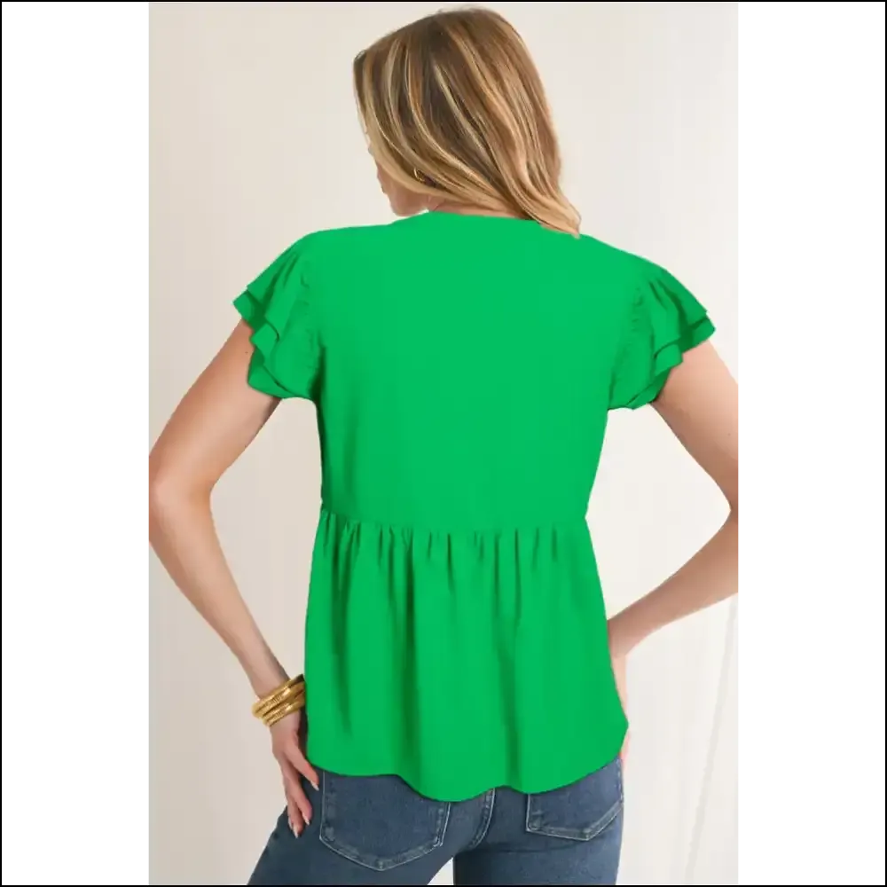 Green with Envy Bright Green Ruffle Sleeve Peplum Blouse