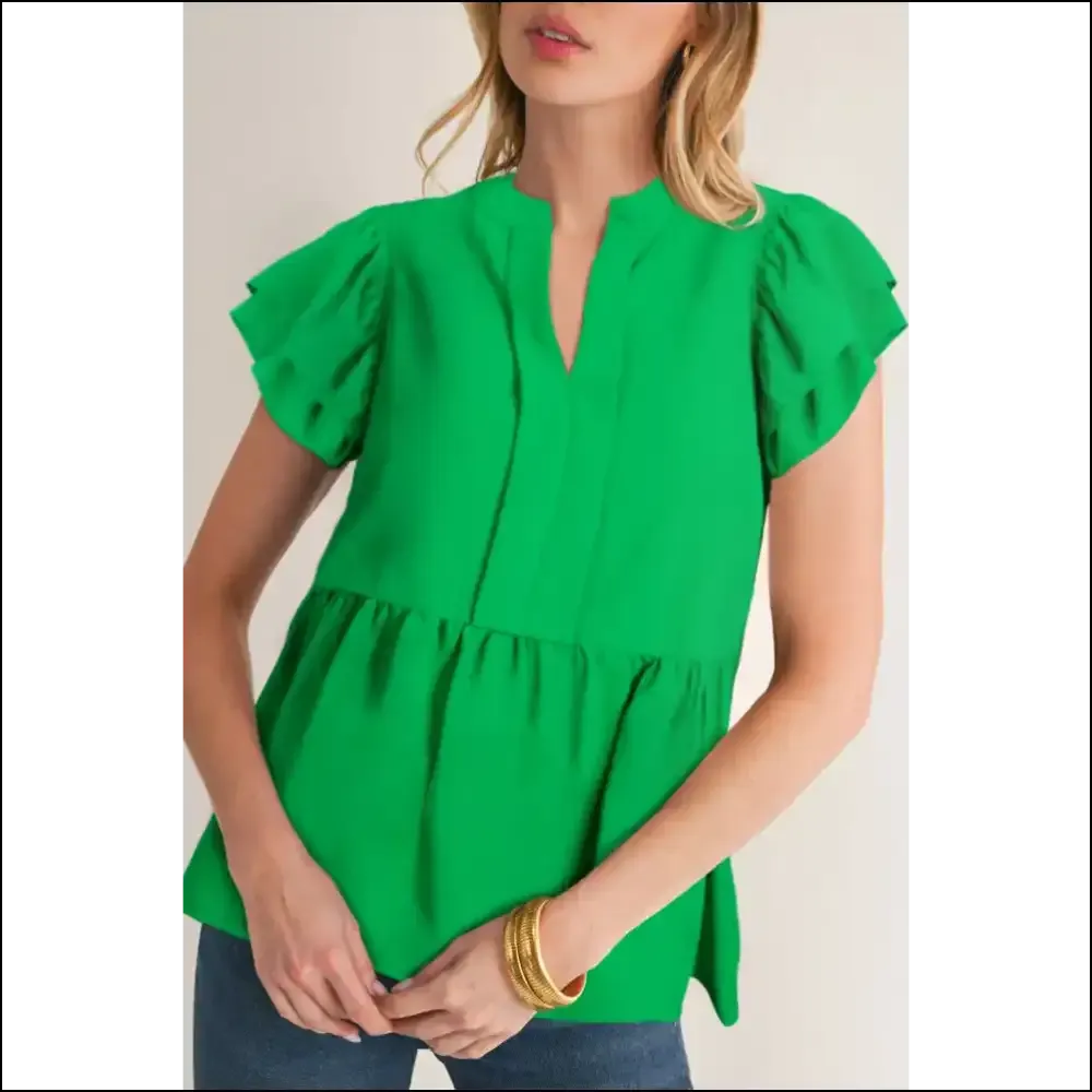 Green with Envy Bright Green Ruffle Sleeve Peplum Blouse