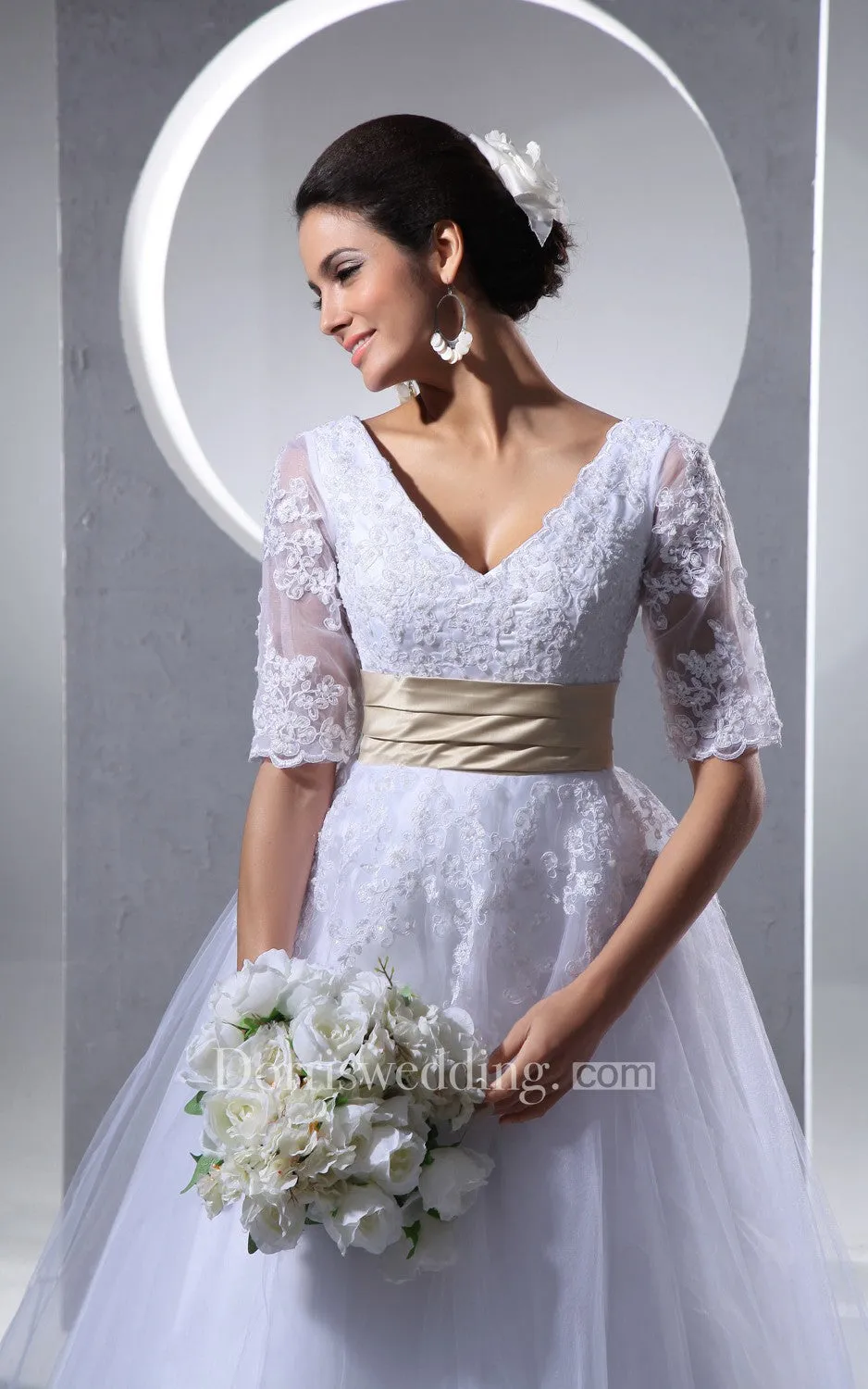 Half-Sleeve V-Neck Tea-Length Dress With Tulle Overlay