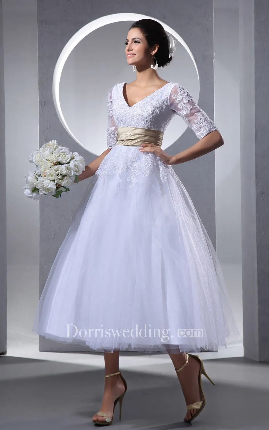 Half-Sleeve V-Neck Tea-Length Dress With Tulle Overlay