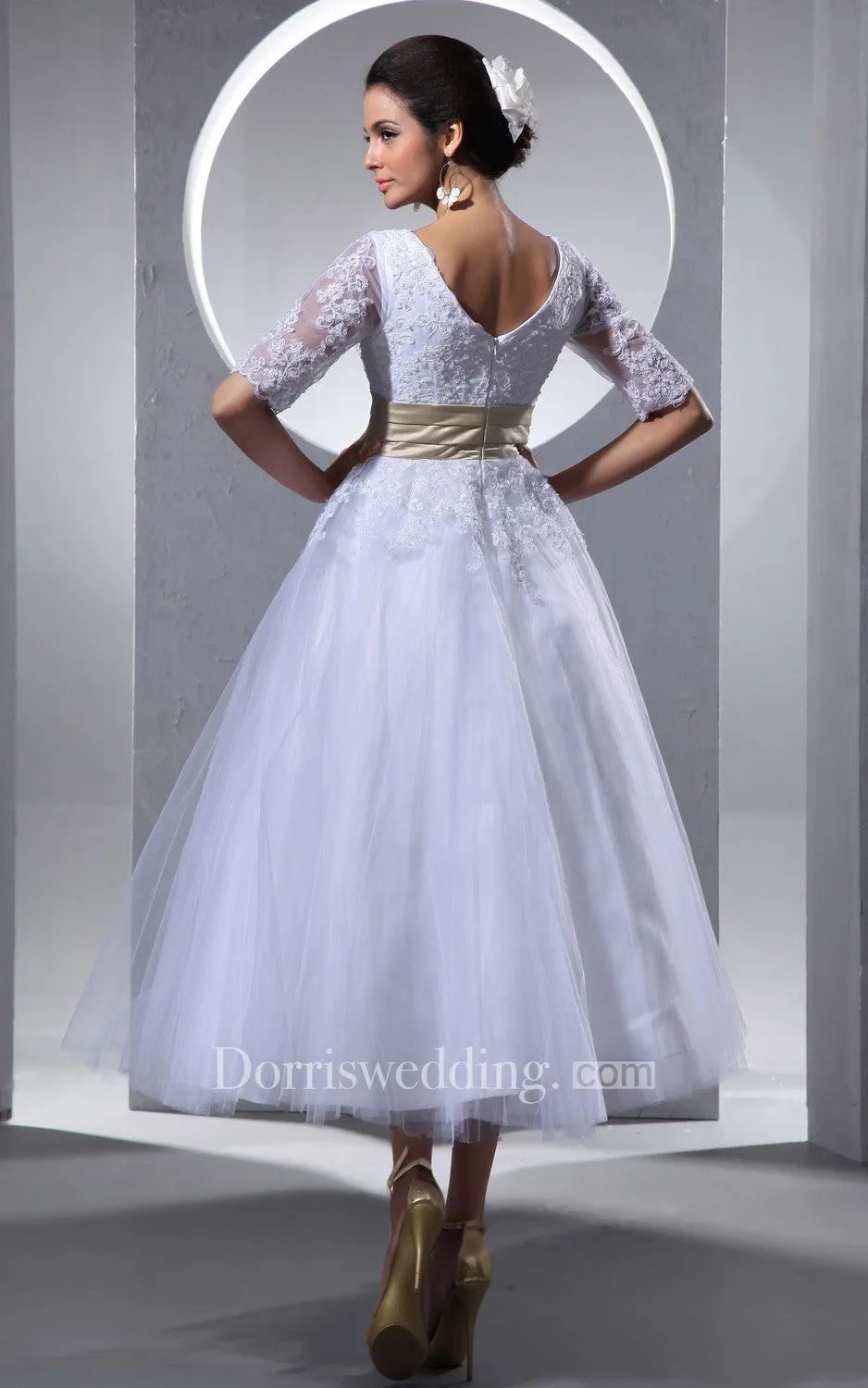 Half-Sleeve V-Neck Tea-Length Dress With Tulle Overlay