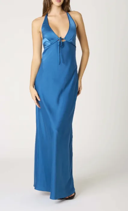 Halter Satin Front Tie Maxi Dress