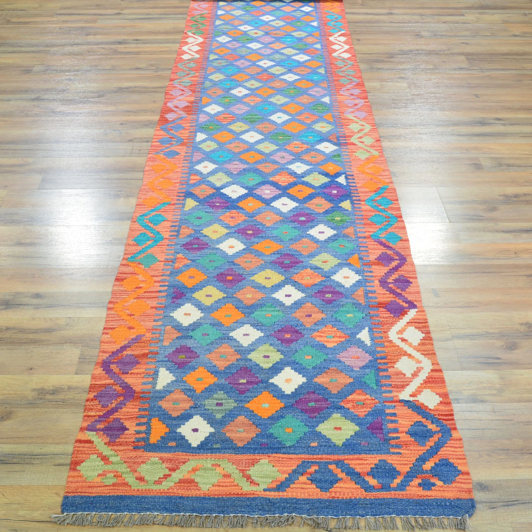 Hand-Woven Flatweave Geometric Design Kilim Handmade Wool (Size 2.5 X 16.0) Cwral-9552