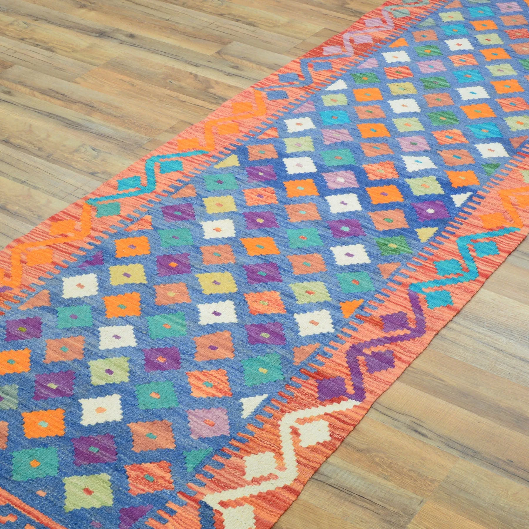 Hand-Woven Flatweave Geometric Design Kilim Handmade Wool (Size 2.5 X 16.0) Cwral-9552