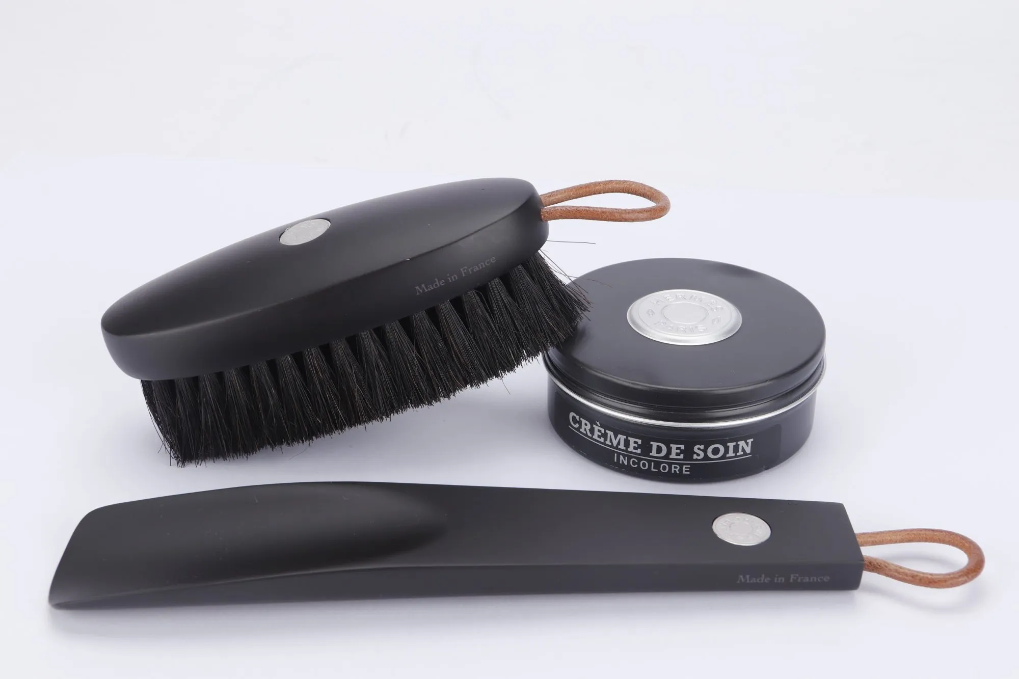 Hermes Black Horse Hair Brush & Black Shoes Horn & Polishing Cream, with Dust Cover