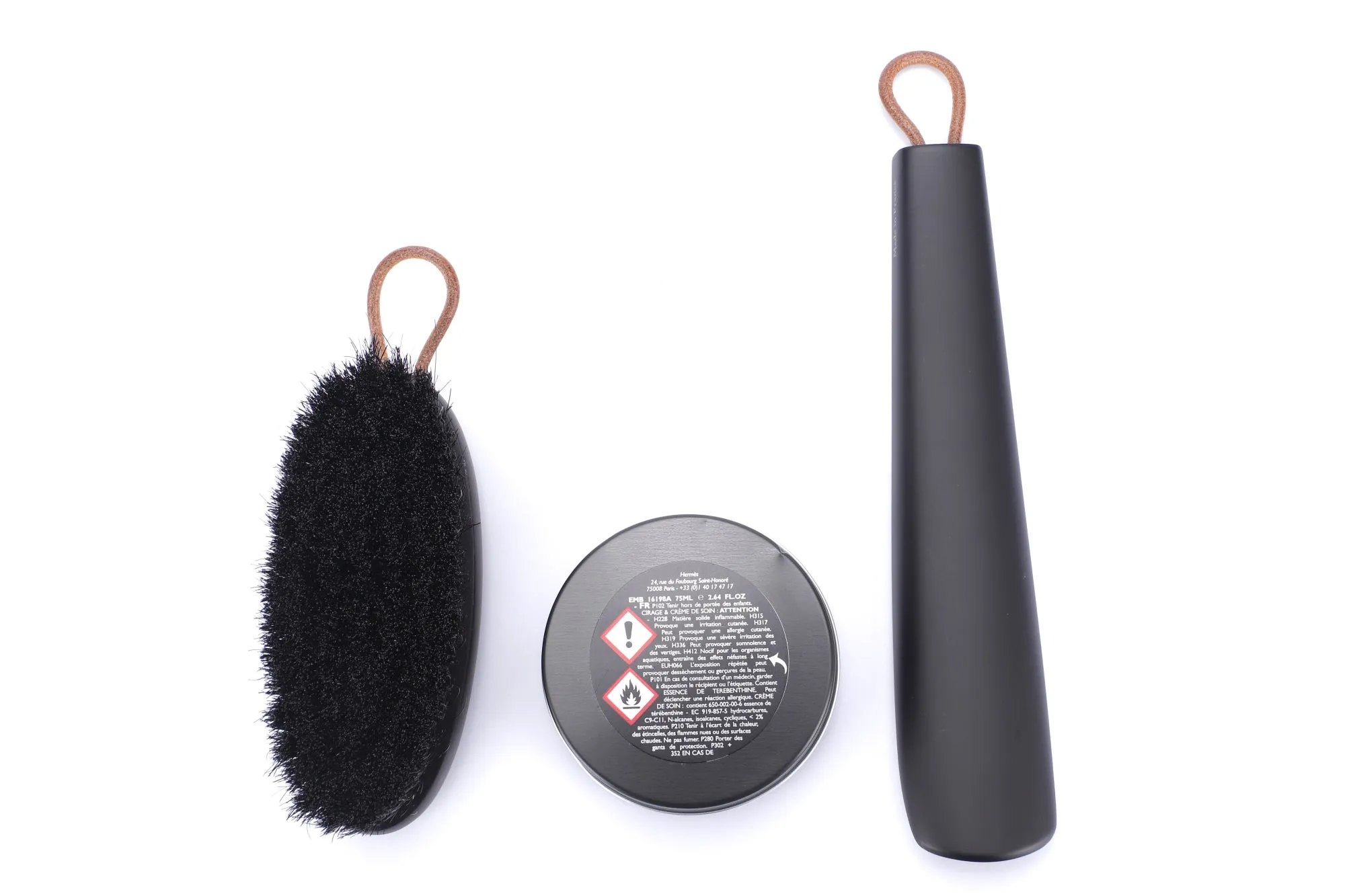 Hermes Black Horse Hair Brush & Black Shoes Horn & Polishing Cream, with Dust Cover