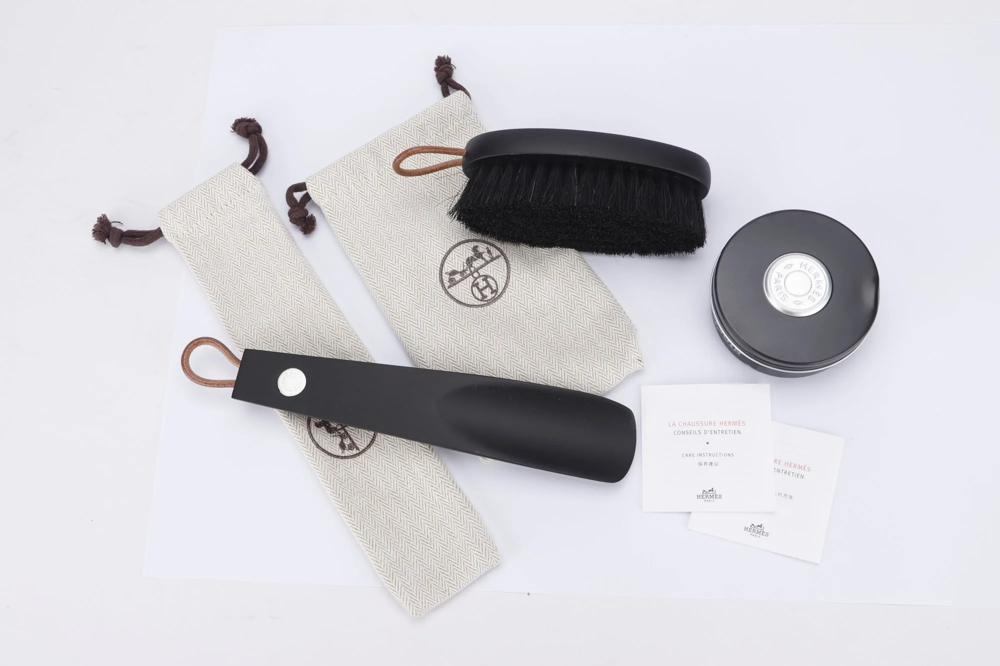 Hermes Black Horse Hair Brush & Black Shoes Horn & Polishing Cream, with Dust Cover