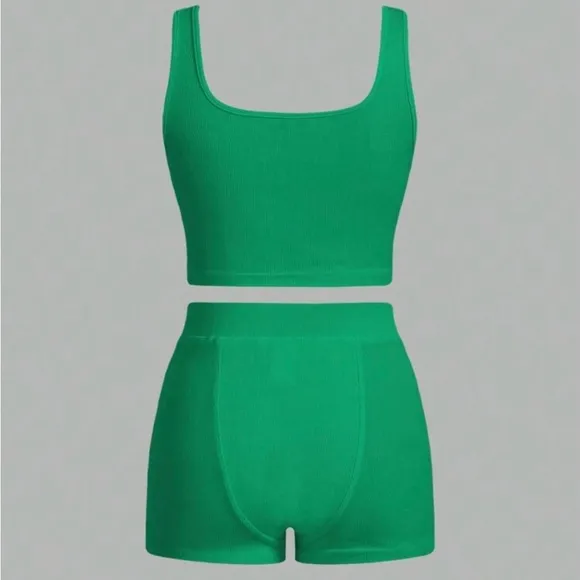 High Waist Green Shorts set with Stretchy Fit