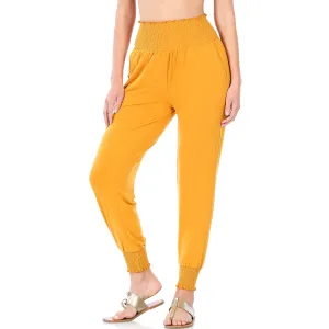 High-Waisted Smocked Joggers with Pockets in Golden Mustard