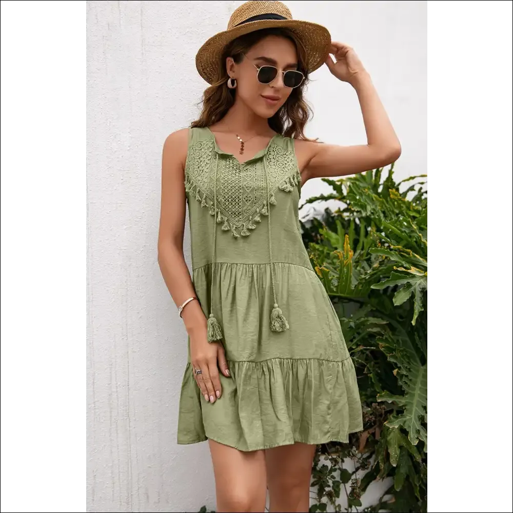 Ivy Lane Chic Lace Trim Sleeveless Dress with Tassels