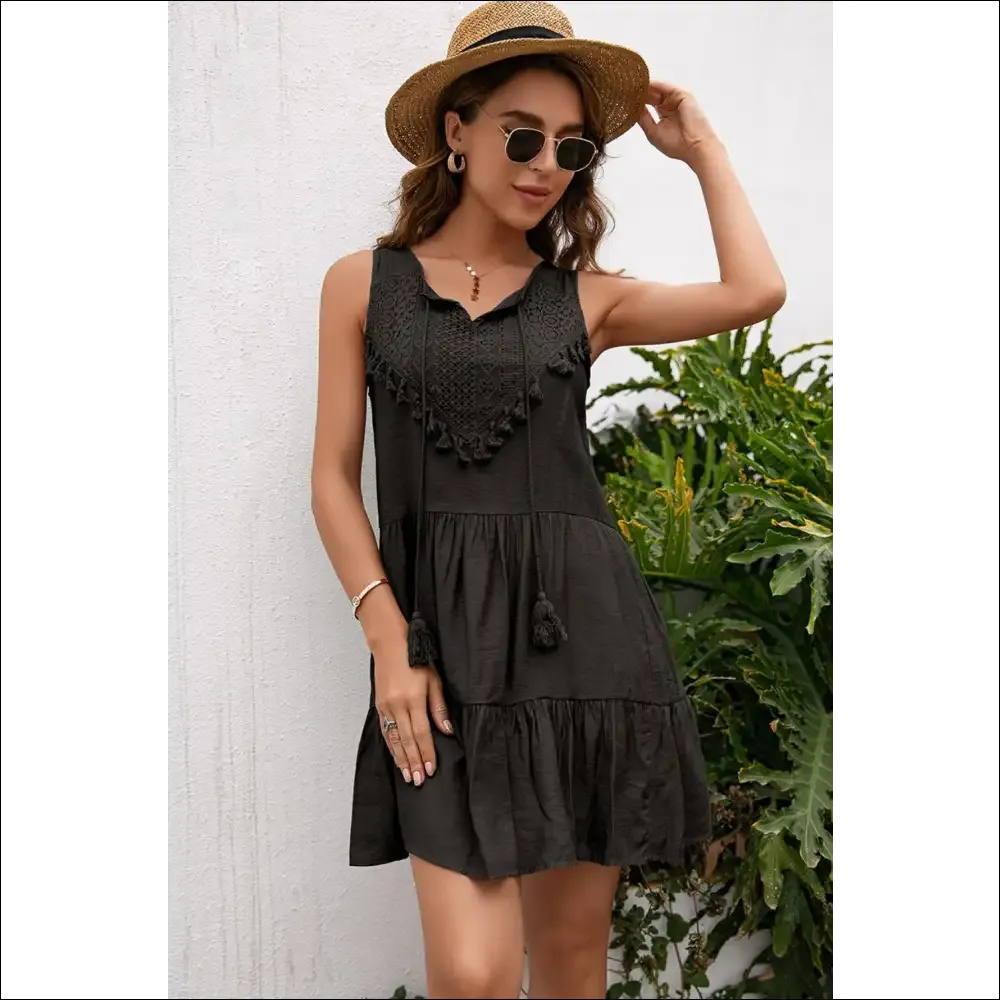 Ivy Lane Chic Lace Trim Sleeveless Dress with Tassels
