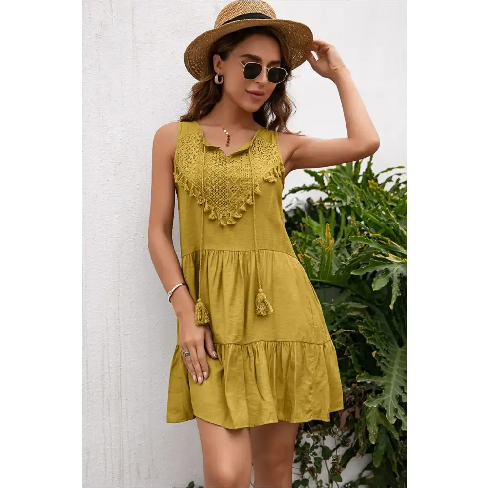 Ivy Lane Chic Lace Trim Sleeveless Dress with Tassels