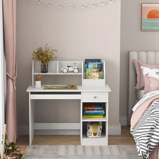 Kids Study Desk Children Writing Table with Hutch Drawer Shelves and Keyboard Tr