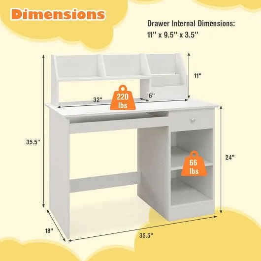 Kids Study Desk Children Writing Table with Hutch Drawer Shelves and Keyboard Tr