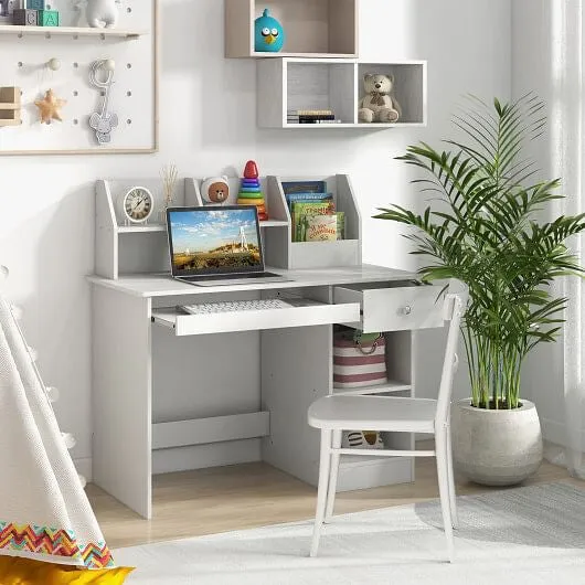 Kids Study Desk Children Writing Table with Hutch Drawer Shelves and Keyboard Tr