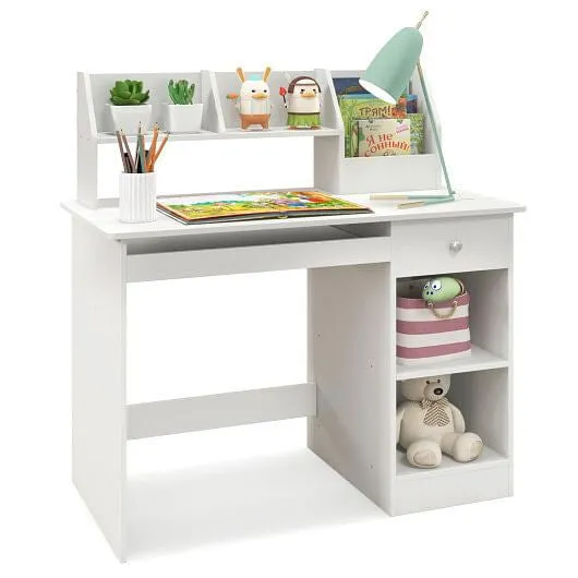 Kids Study Desk Children Writing Table with Hutch Drawer Shelves and Keyboard Tr