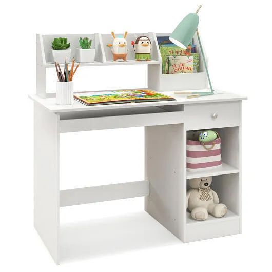 Kids Study Desk Children Writing Table with Hutch Drawer Shelves and Keyboard Tr