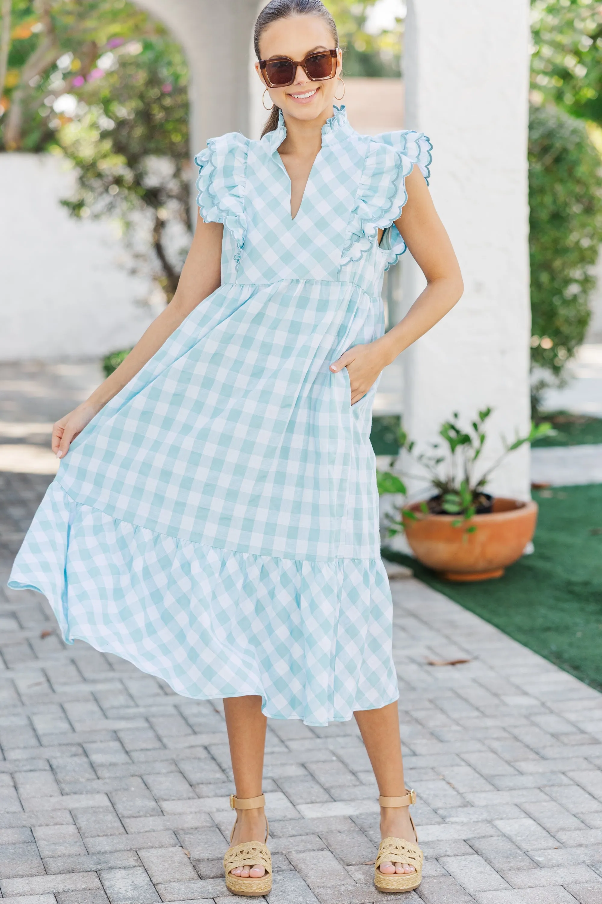 Known All Along Light Blue Gingham Midi Dress