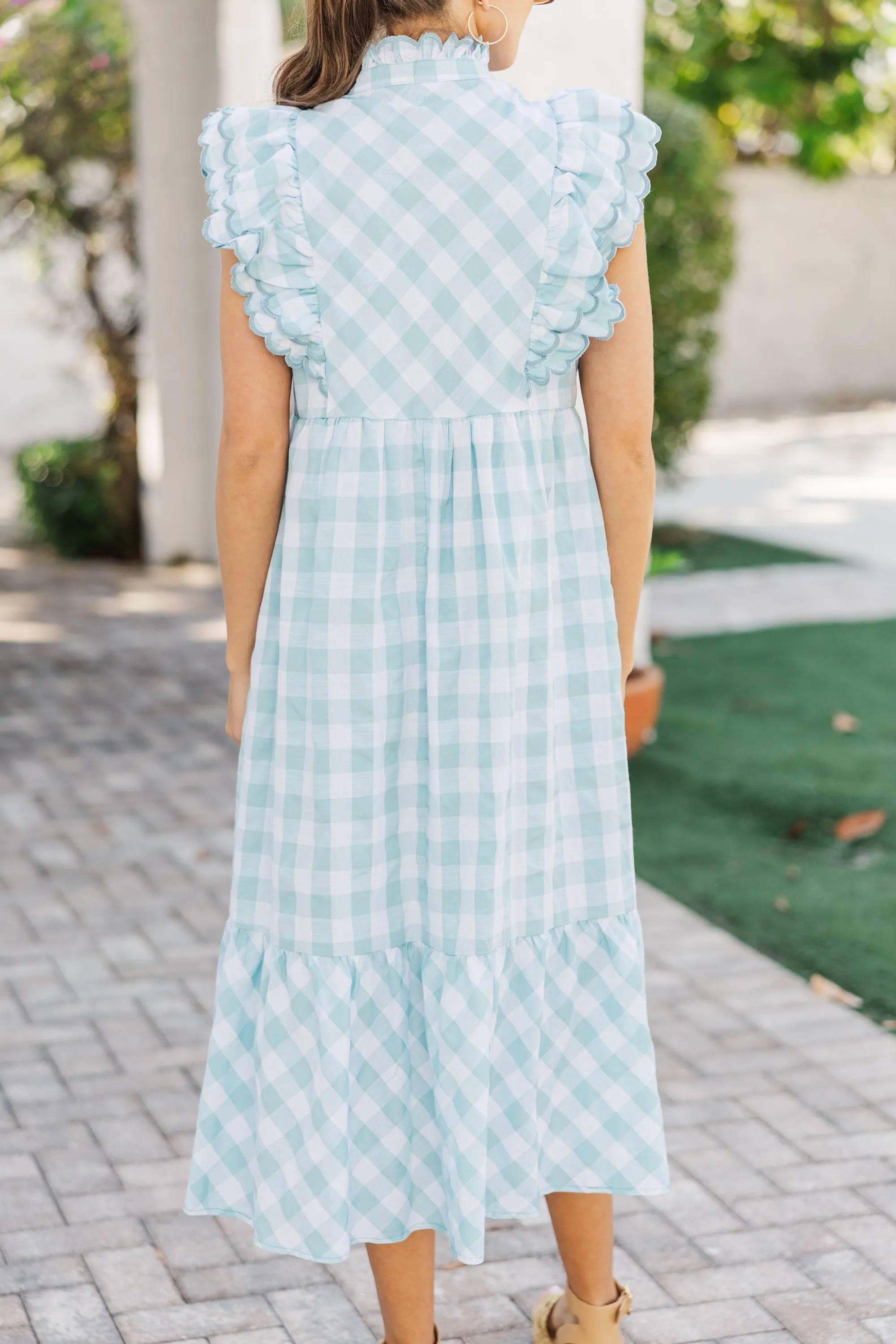 Known All Along Light Blue Gingham Midi Dress