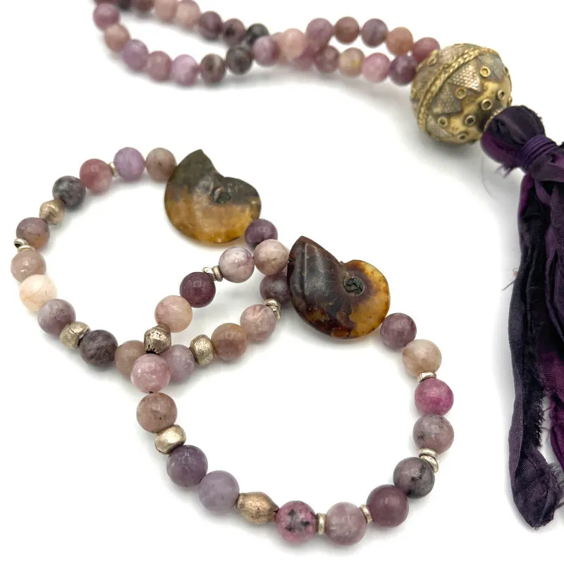 Lepidolite Gemstone & Ammonite Stretch Bracelet