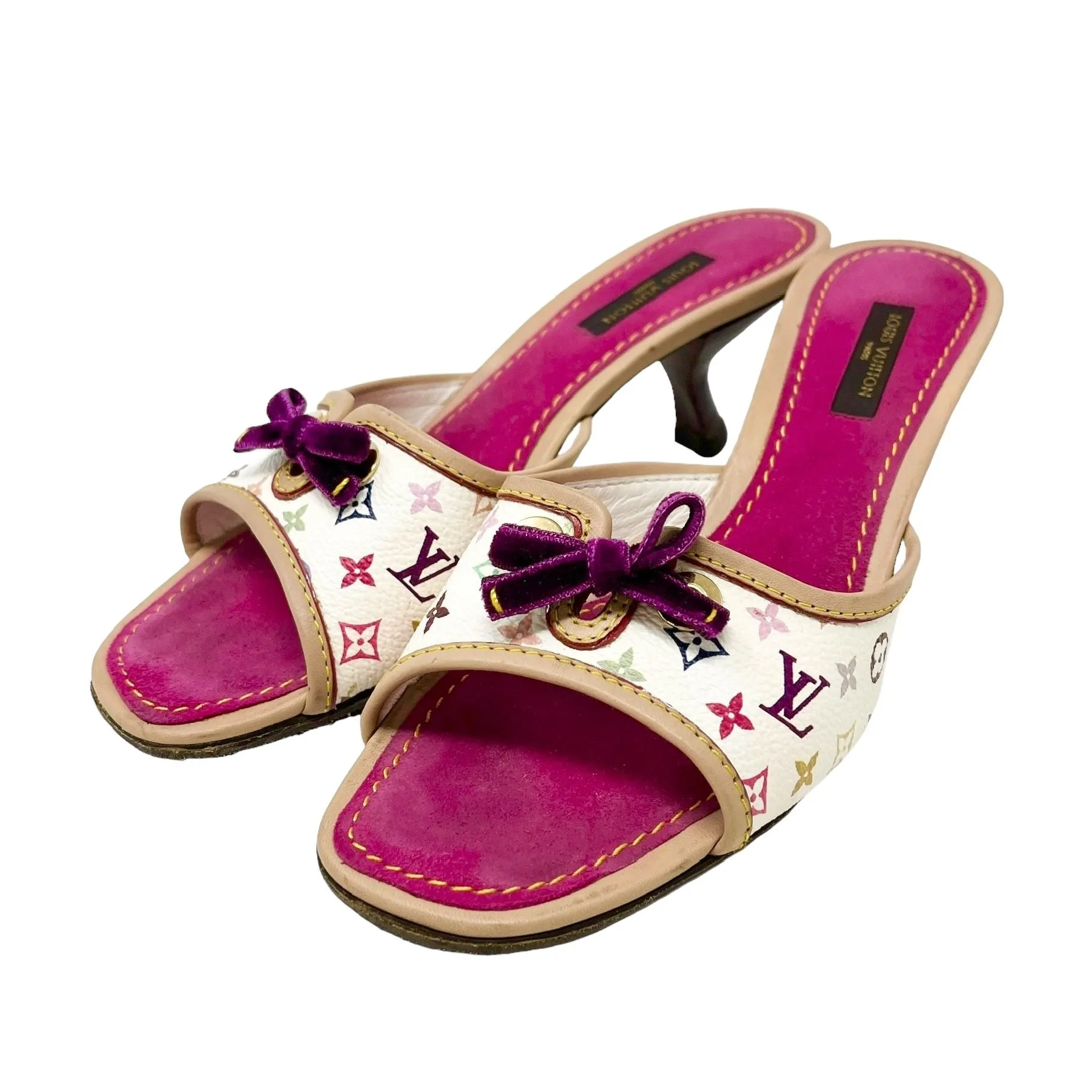 Louis Vuitton White Multicolor Logo Kitten Heels