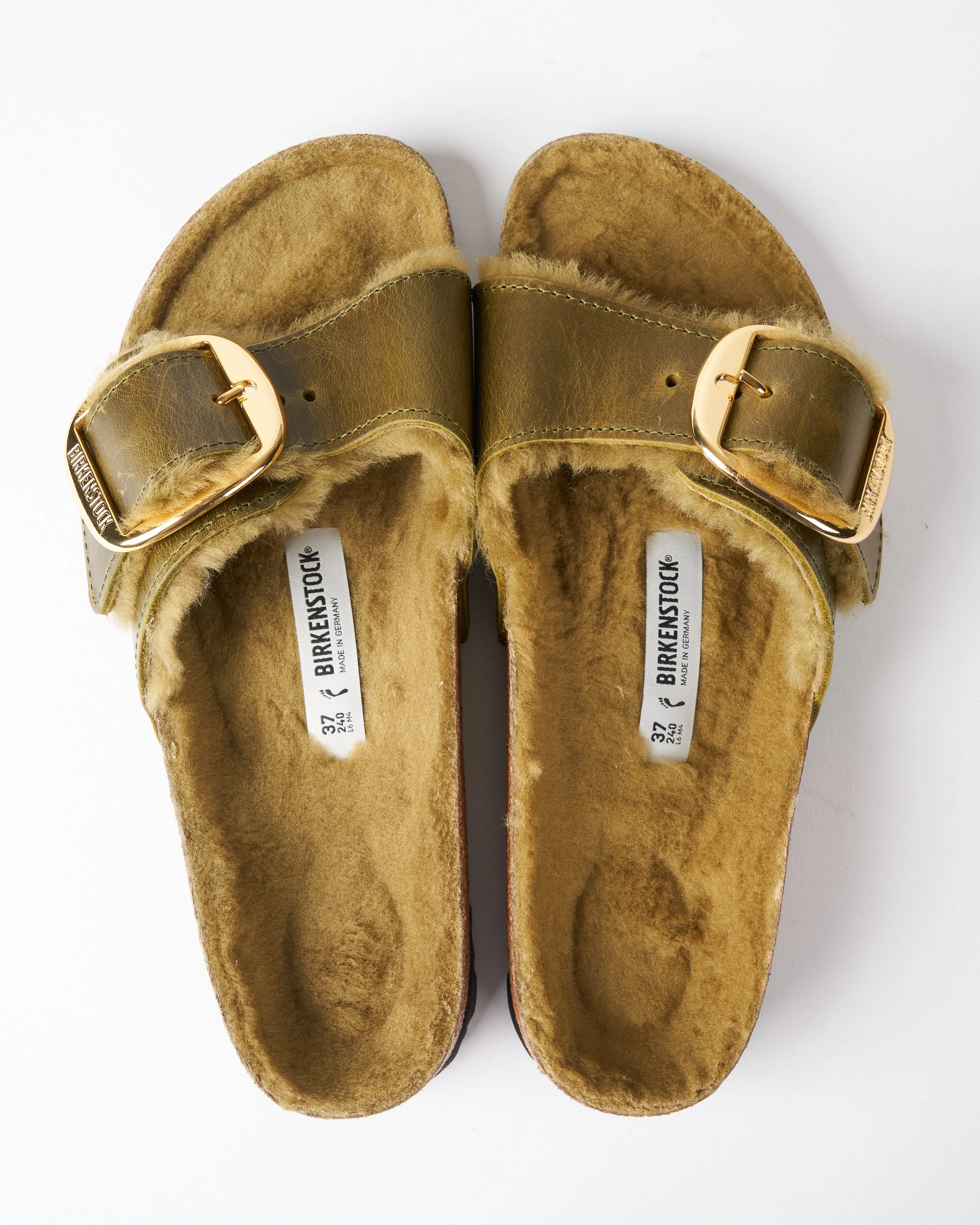 madrid big buckle sandal - green olive oiled leather/green olive shearling