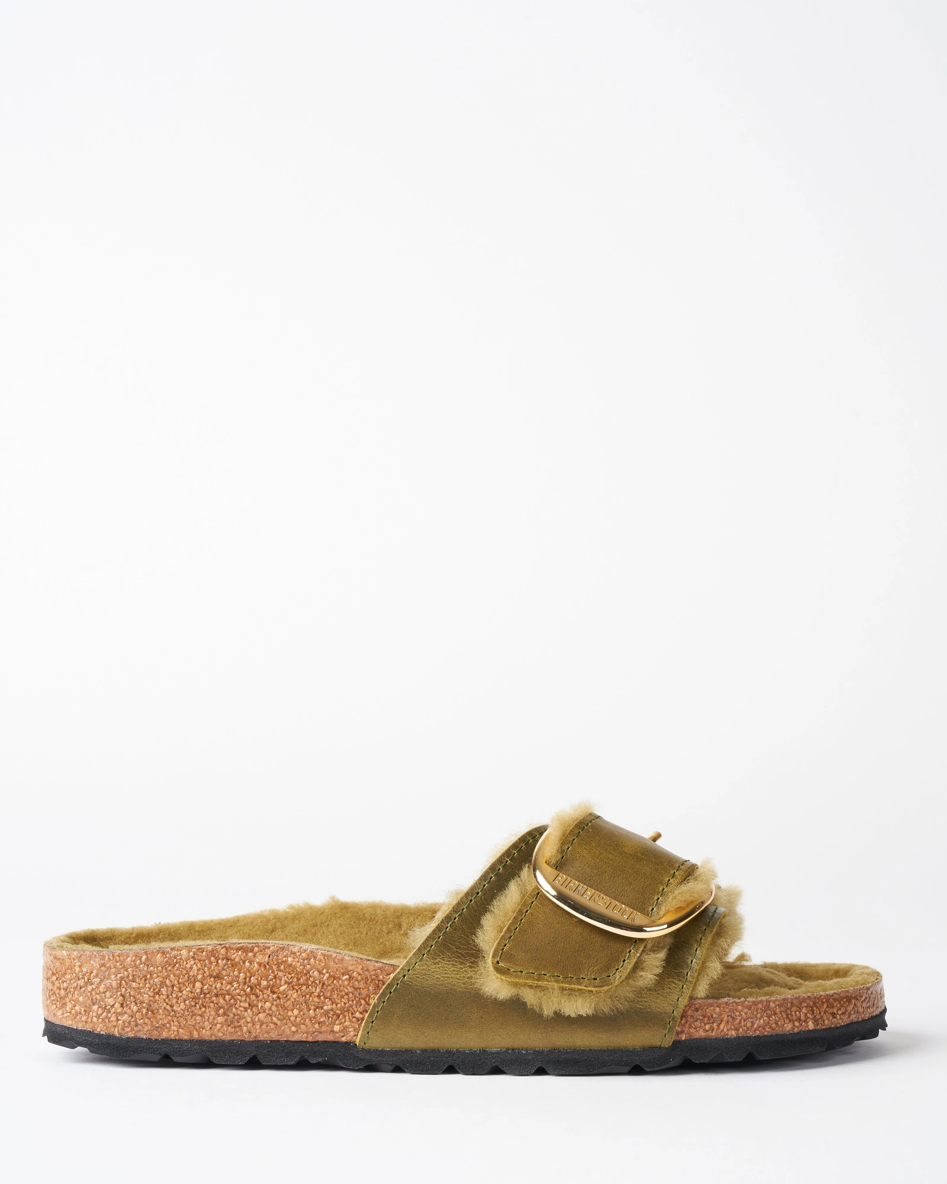 madrid big buckle sandal - green olive oiled leather/green olive shearling