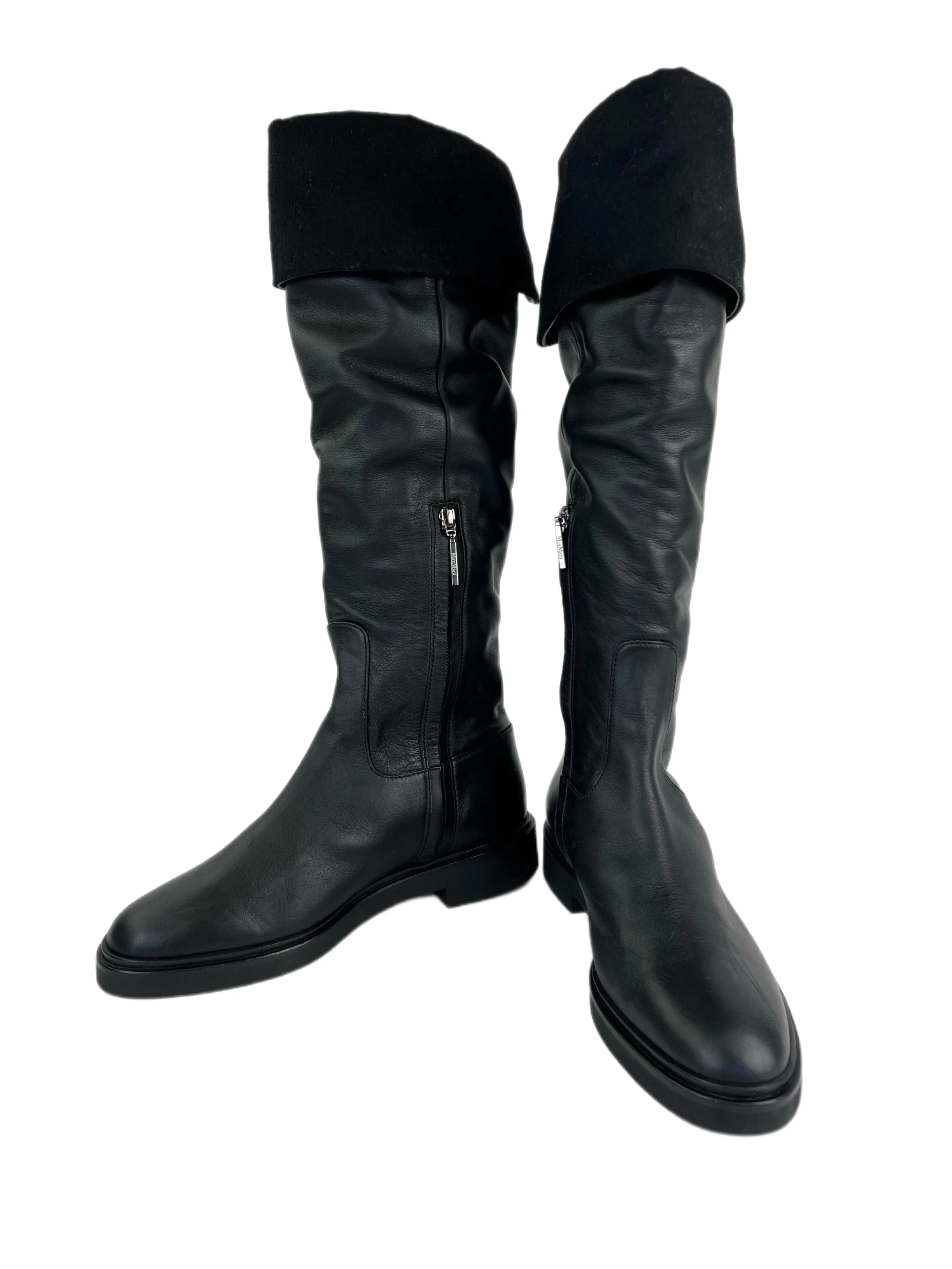 Max Mara Women's Nero Brigg Leather Knee Boots Size 7 NWT