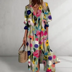 Midi Dress – Abstract Floral Print – Boho Style