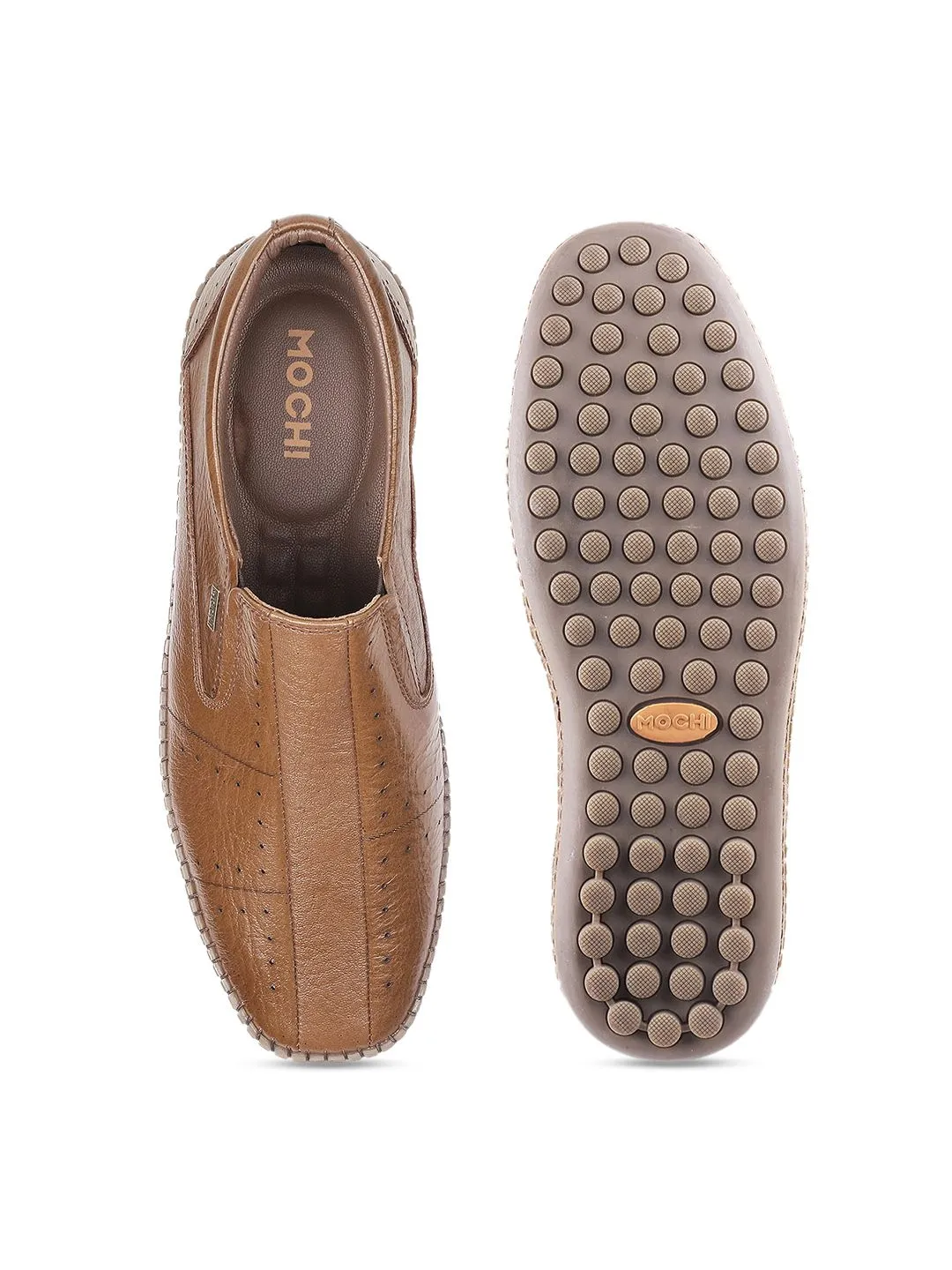 Mochi Men Tan Textured Leather Loafers