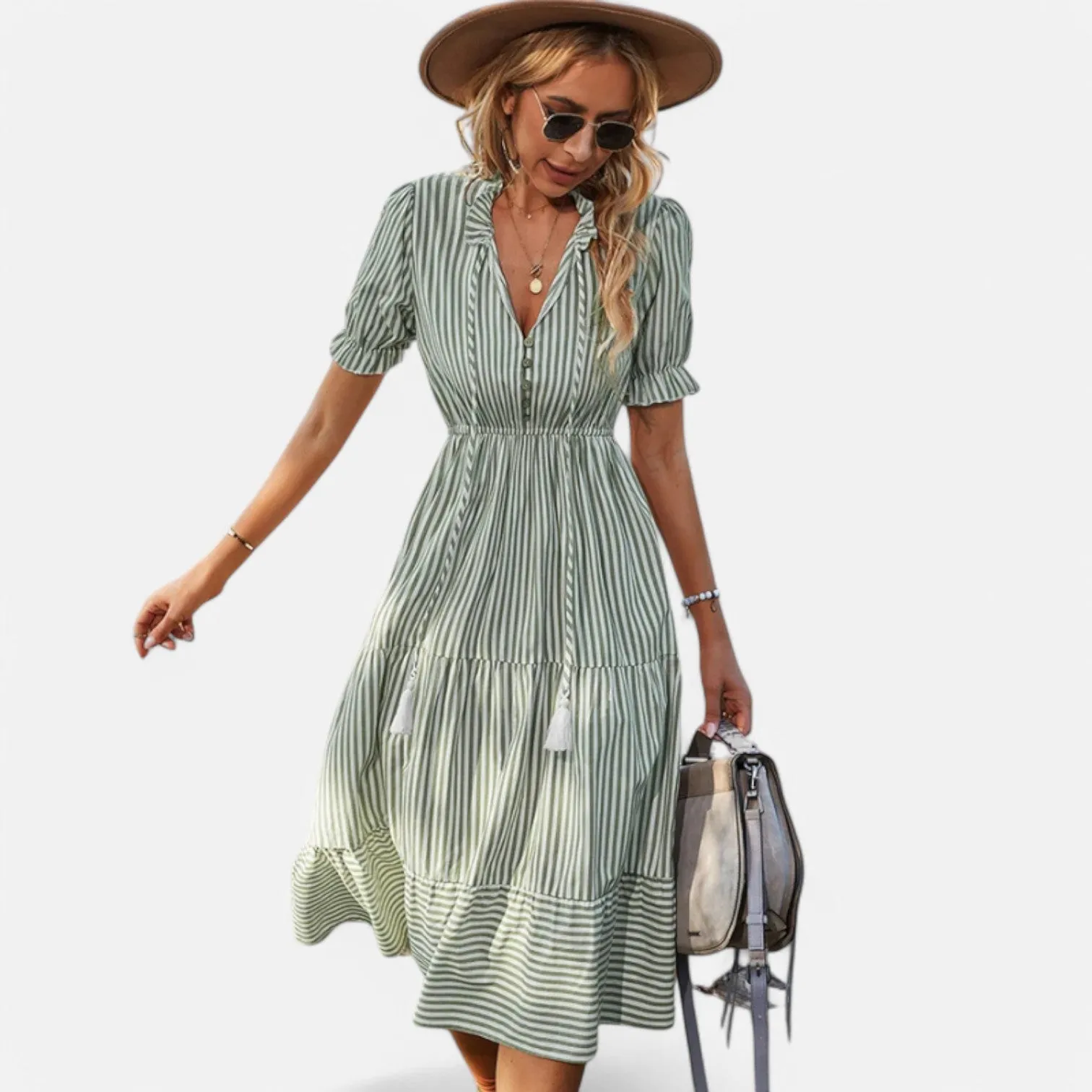 Monacogents | Striped Lantern Sleeve Midi Dress
