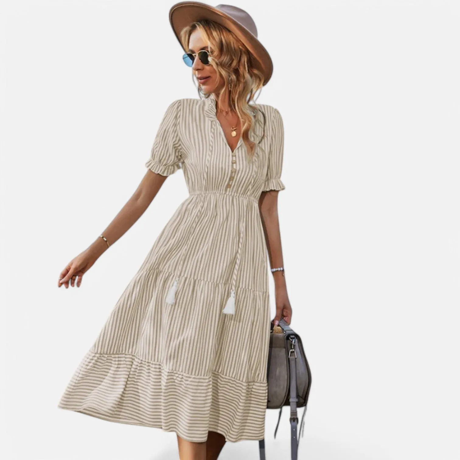 Monacogents | Striped Lantern Sleeve Midi Dress