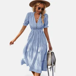 Monacogents | Striped Lantern Sleeve Midi Dress