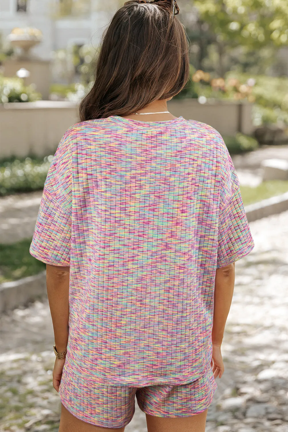 Multicolour Printed Ribbed Knit T Shirt and Shorts Lounge Set
