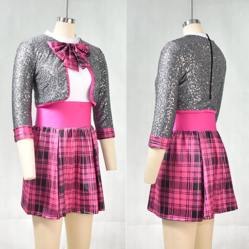 Pink Plaid Fake 2 Pcs Jazz Dance Wear