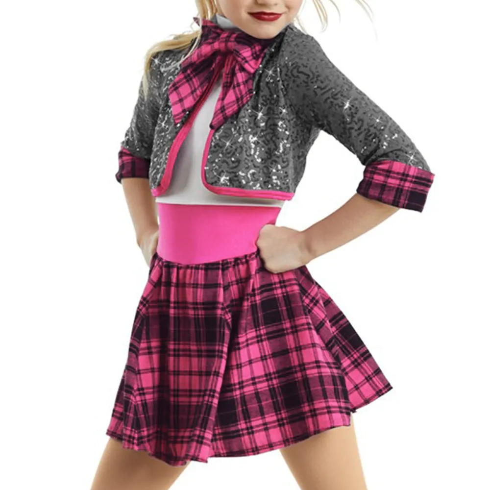 Pink Plaid Fake 2 Pcs Jazz Dance Wear