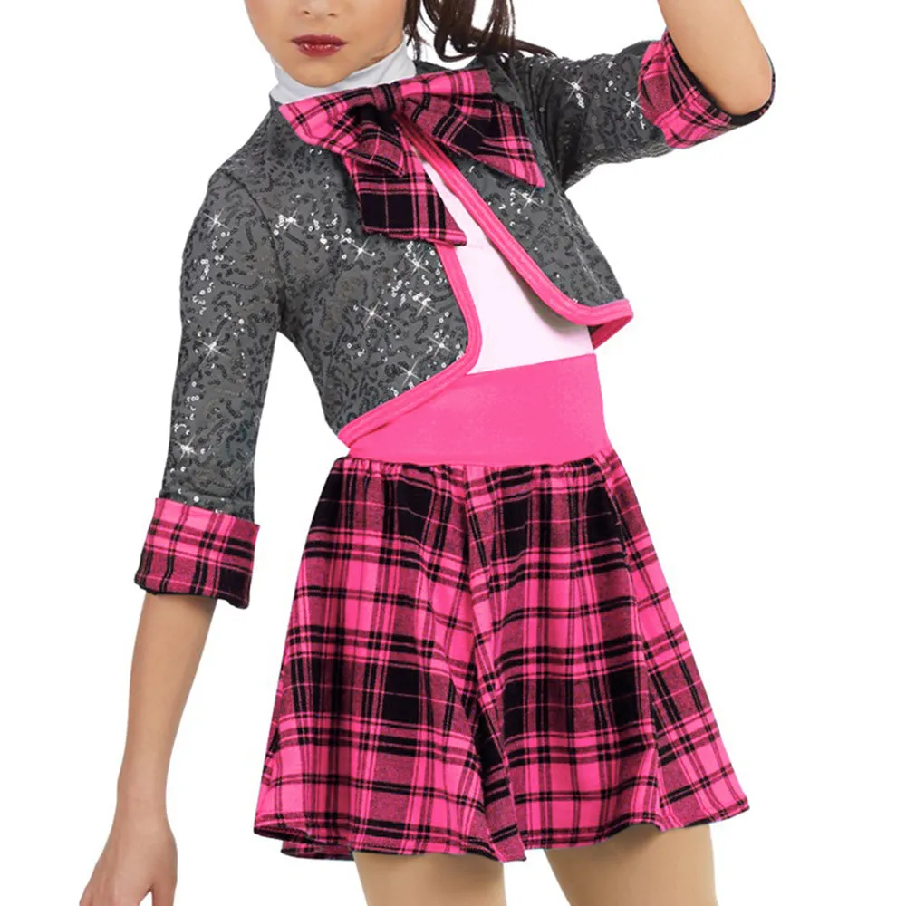 Pink Plaid Fake 2 Pcs Jazz Dance Wear