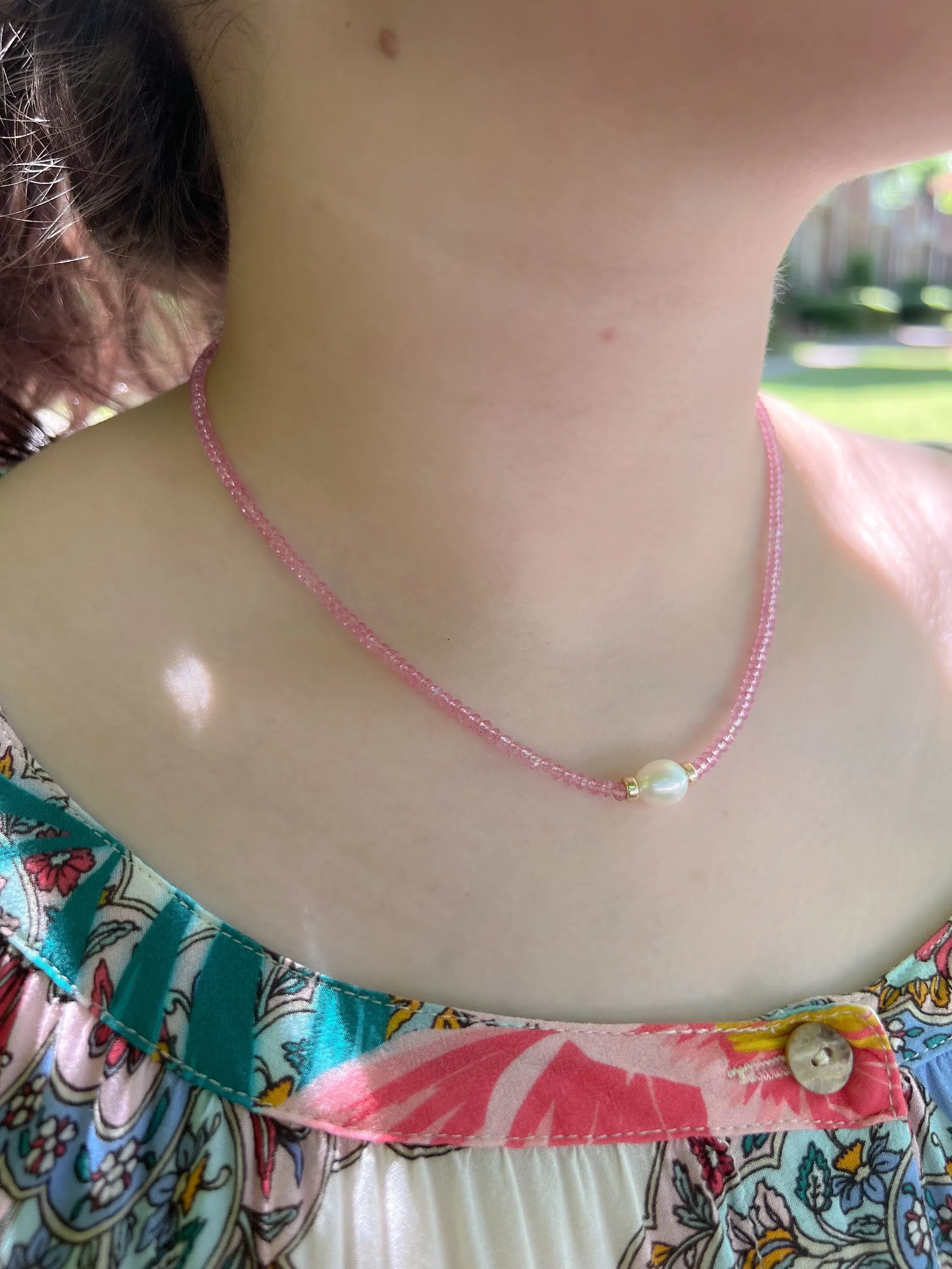 Pink Topaz Necklace with Freshwater Rice Pearl Accent