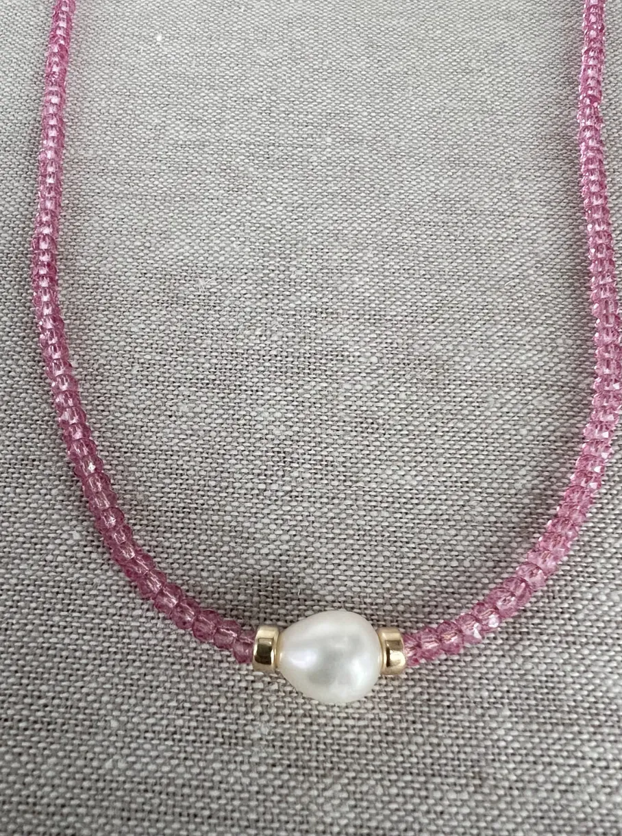Pink Topaz Necklace with Freshwater Rice Pearl Accent