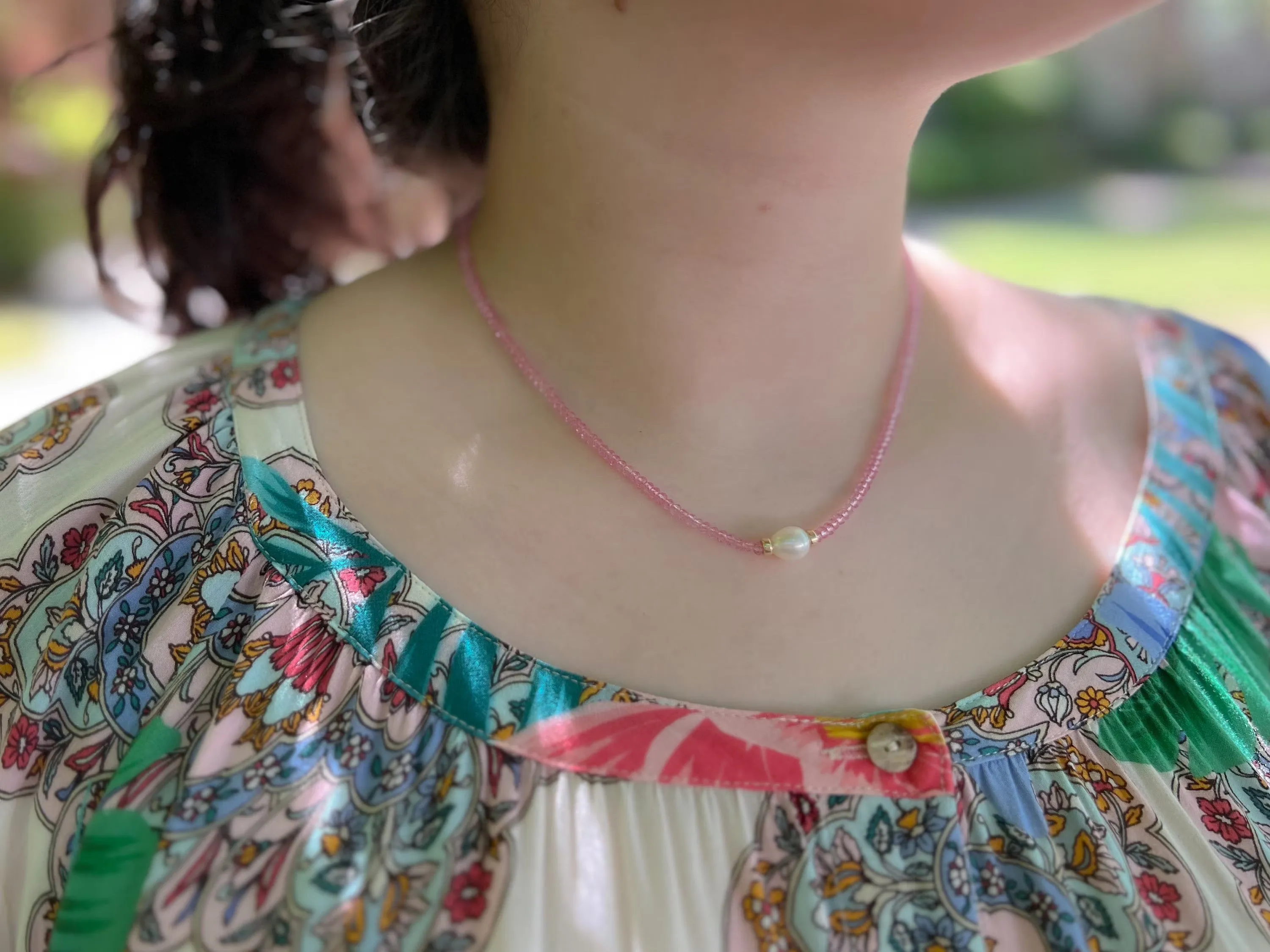 Pink Topaz Necklace with Freshwater Rice Pearl Accent