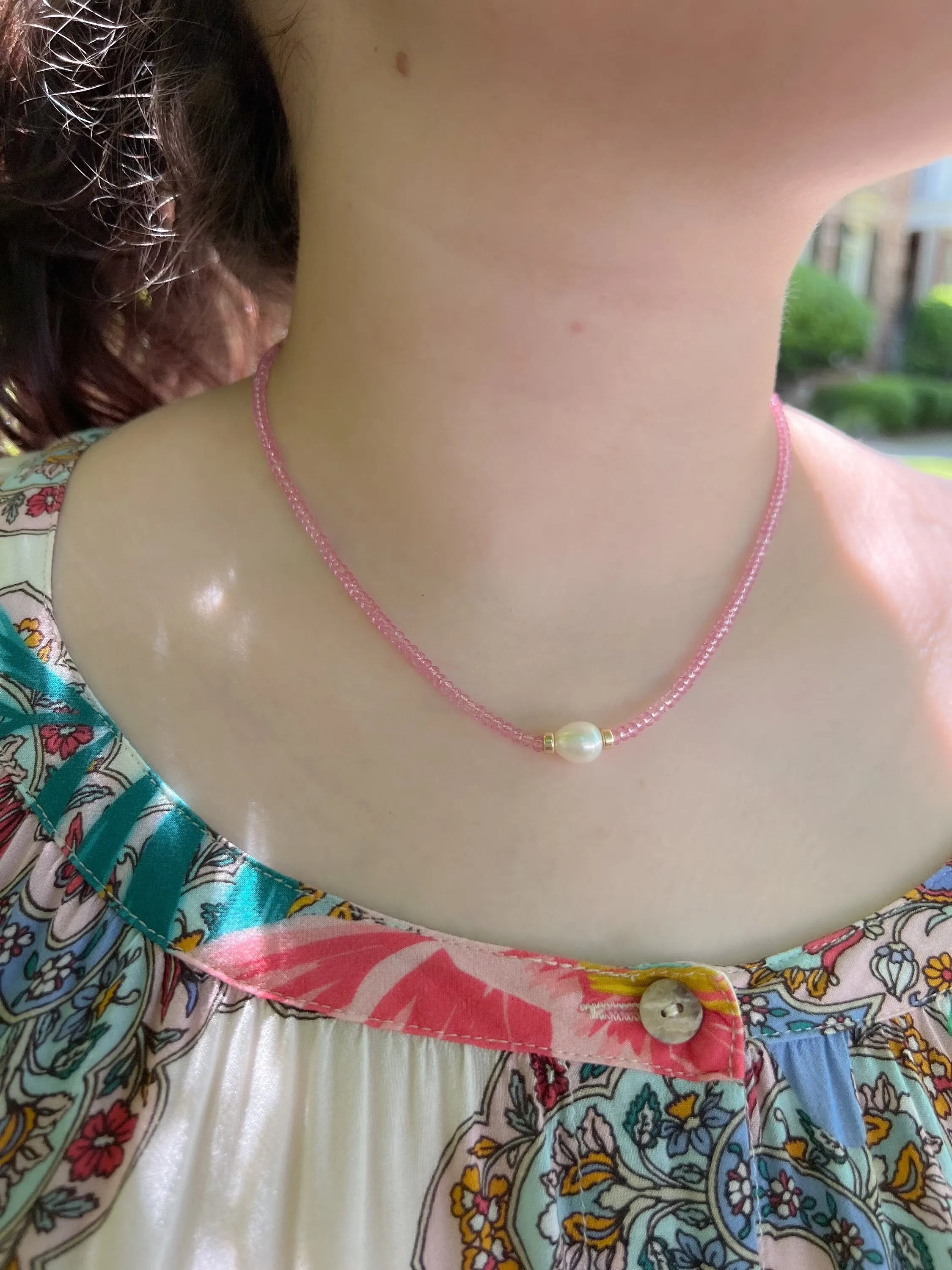Pink Topaz Necklace with Freshwater Rice Pearl Accent