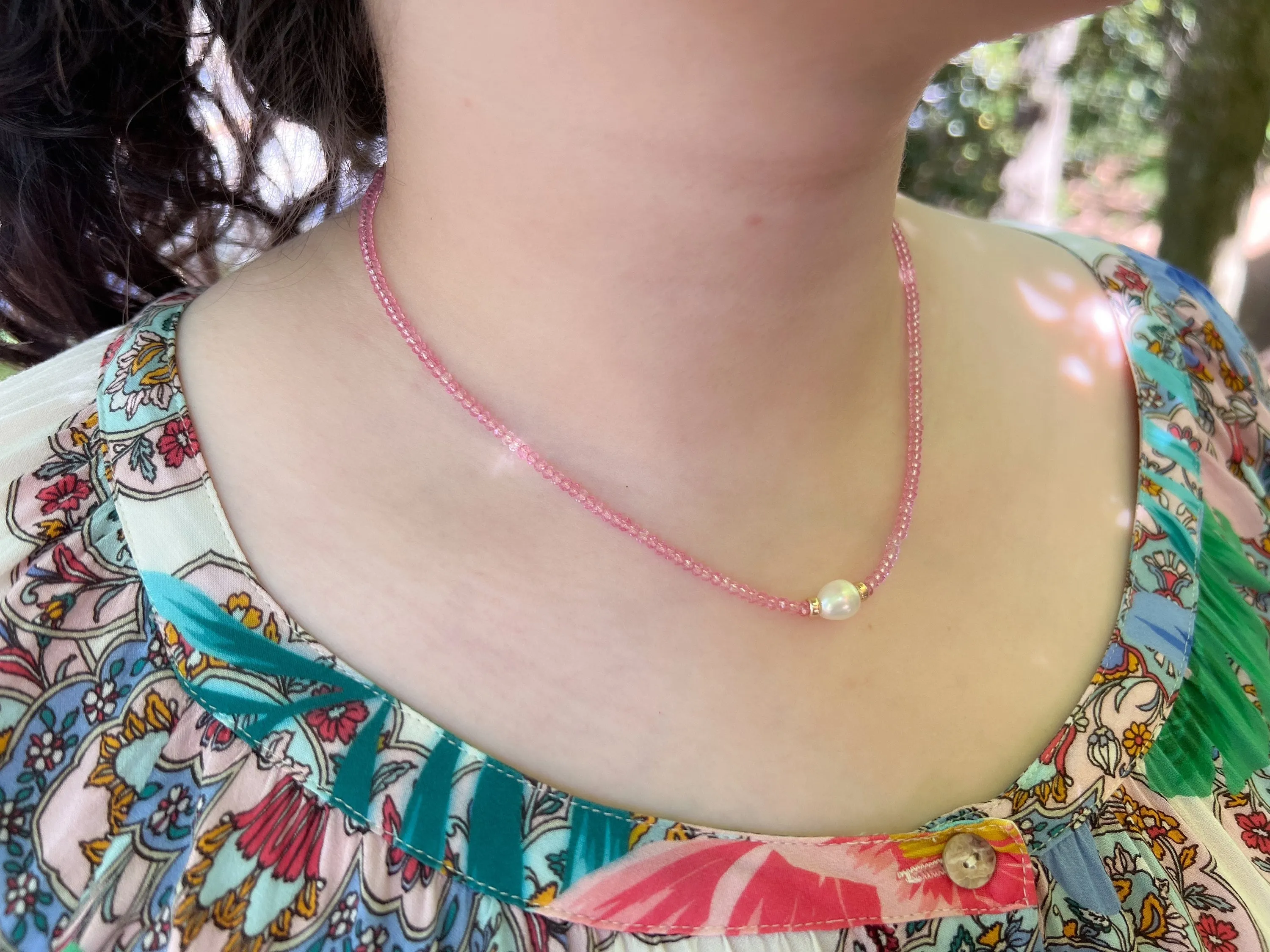 Pink Topaz Necklace with Freshwater Rice Pearl Accent
