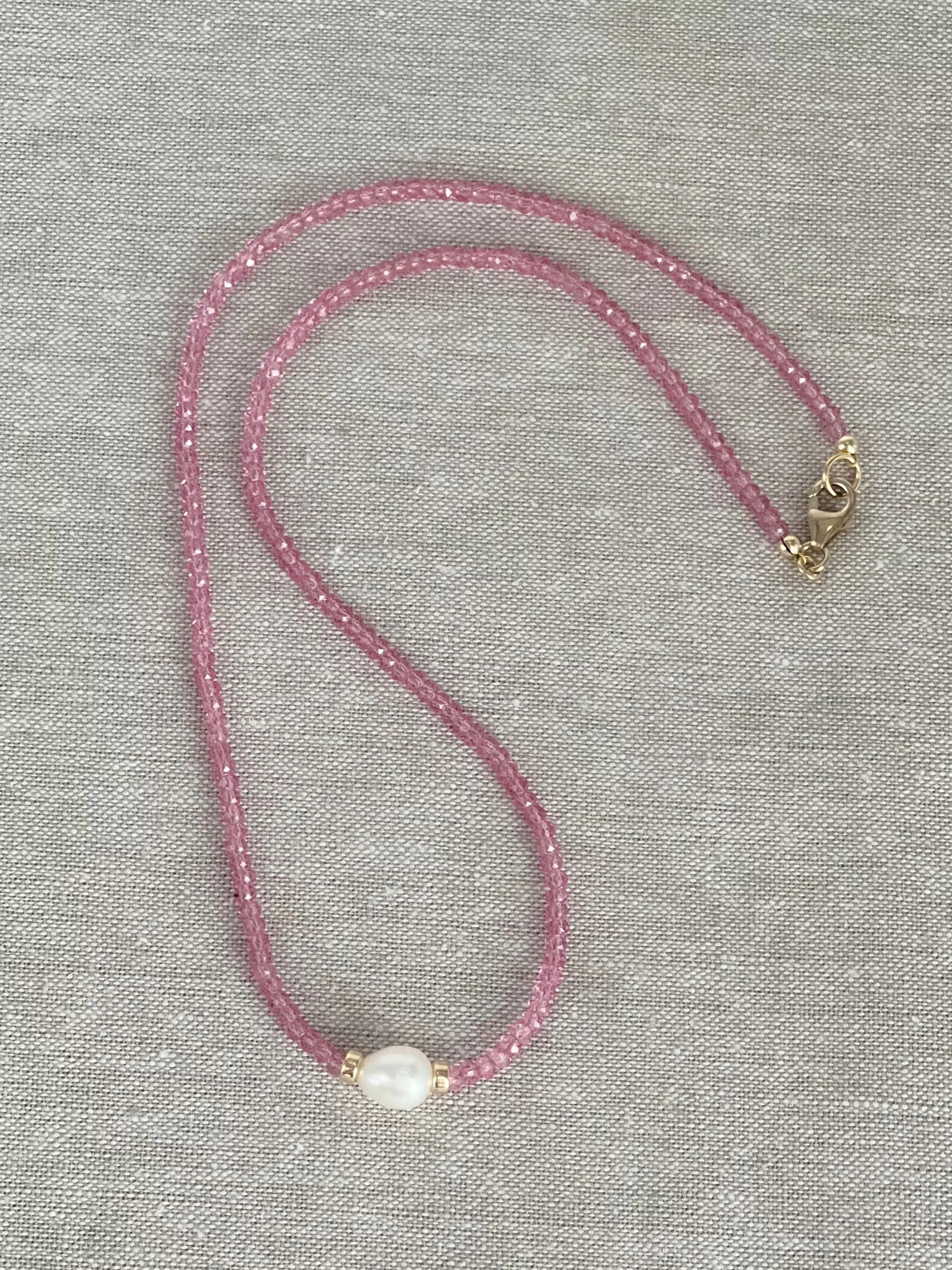 Pink Topaz Necklace with Freshwater Rice Pearl Accent
