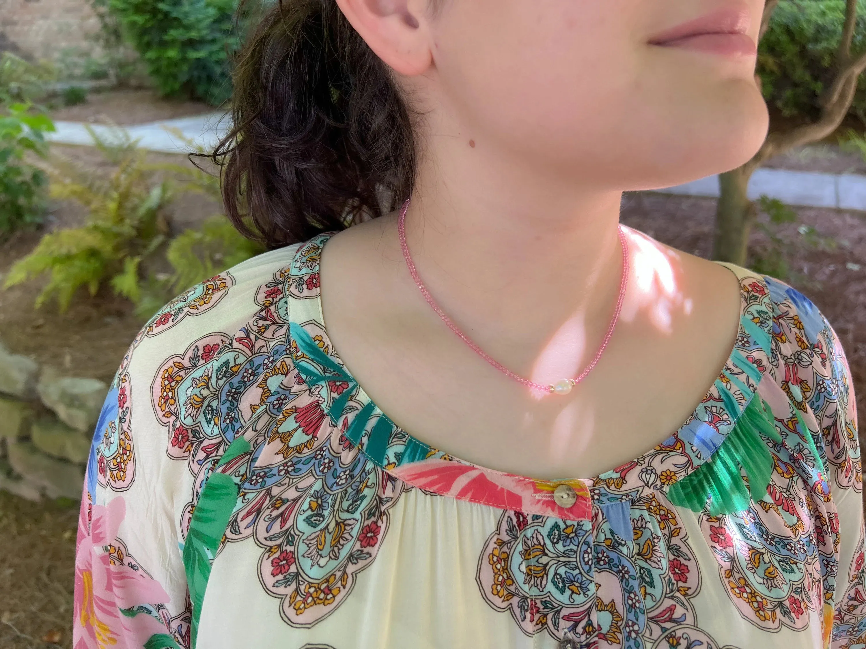 Pink Topaz Necklace with Freshwater Rice Pearl Accent