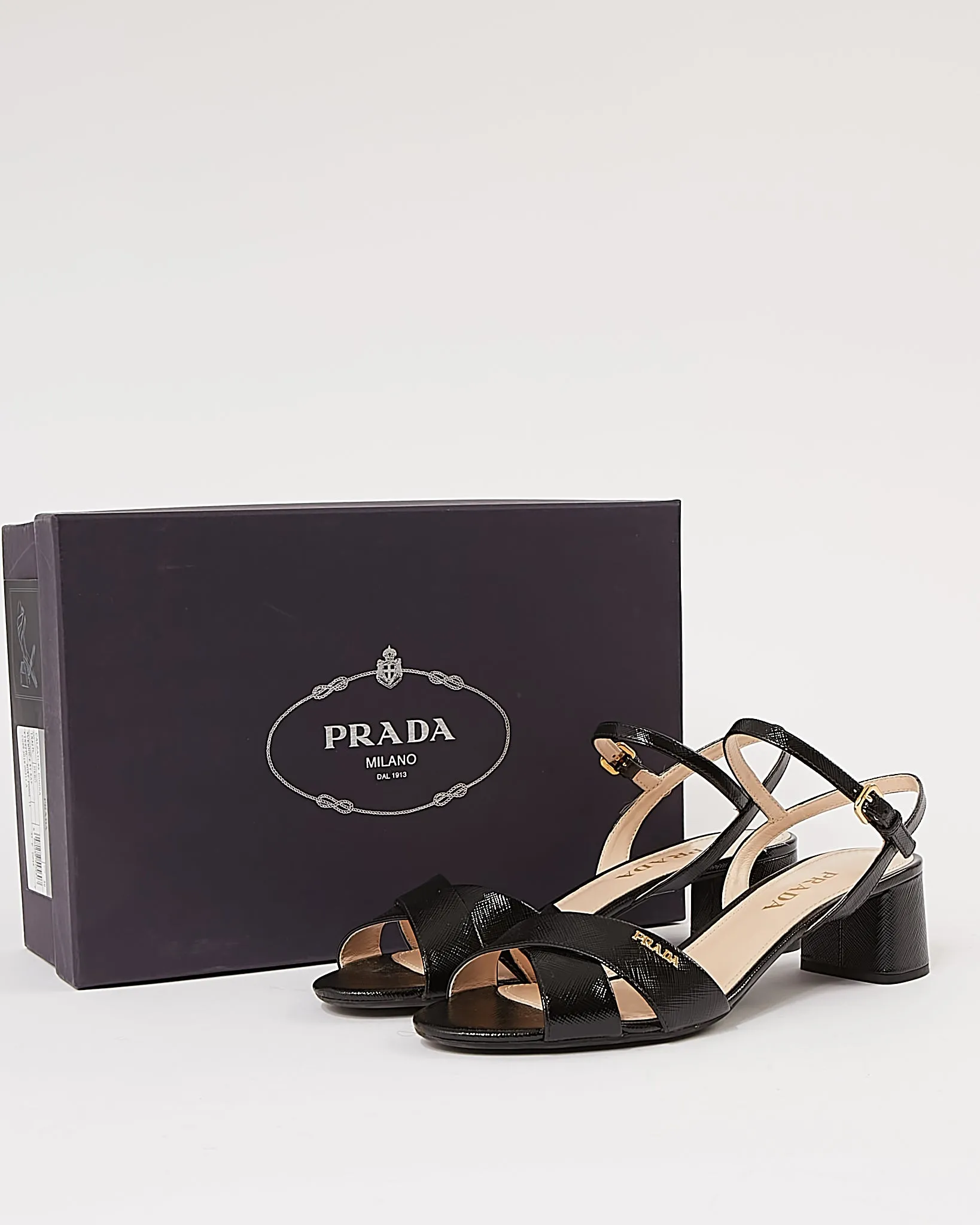 Prada Black Patent Saffiano Leather Strap Sandal - 39