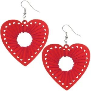 Red Wooden Woven Heart Earrings